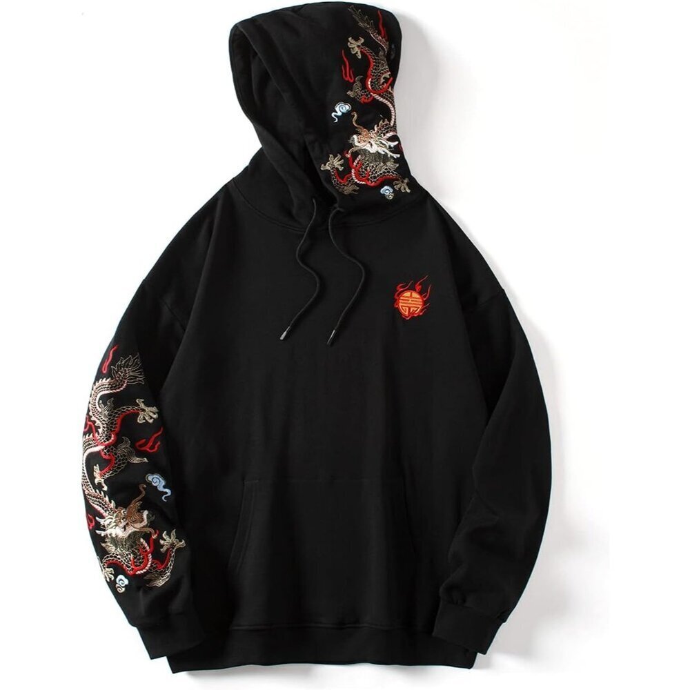 Streetwear Mens Dragon Embroidered Heavyweight Graphic Hoodie Casual Fashion